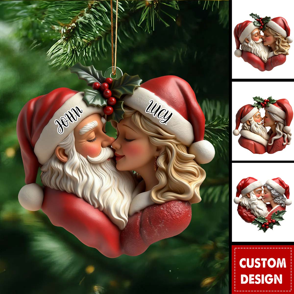 Personalized Romantic Santa Couple Christmas Ornament - Gift For Couple