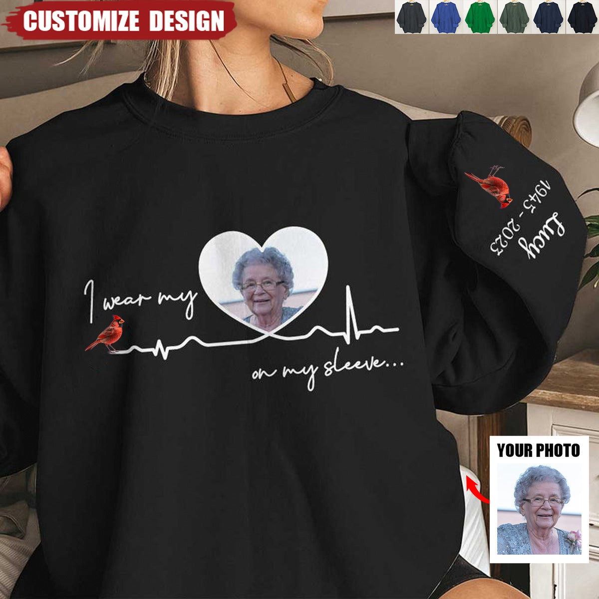 I Wear My Heart Angel On My Sleeve - Memorial Personalized Upload Photo Sweatshirt