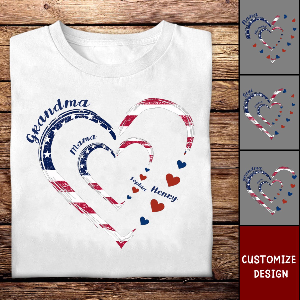 4th of July Grandma Mom Kids Heart to Heart Personalized 3D White T-Shirt