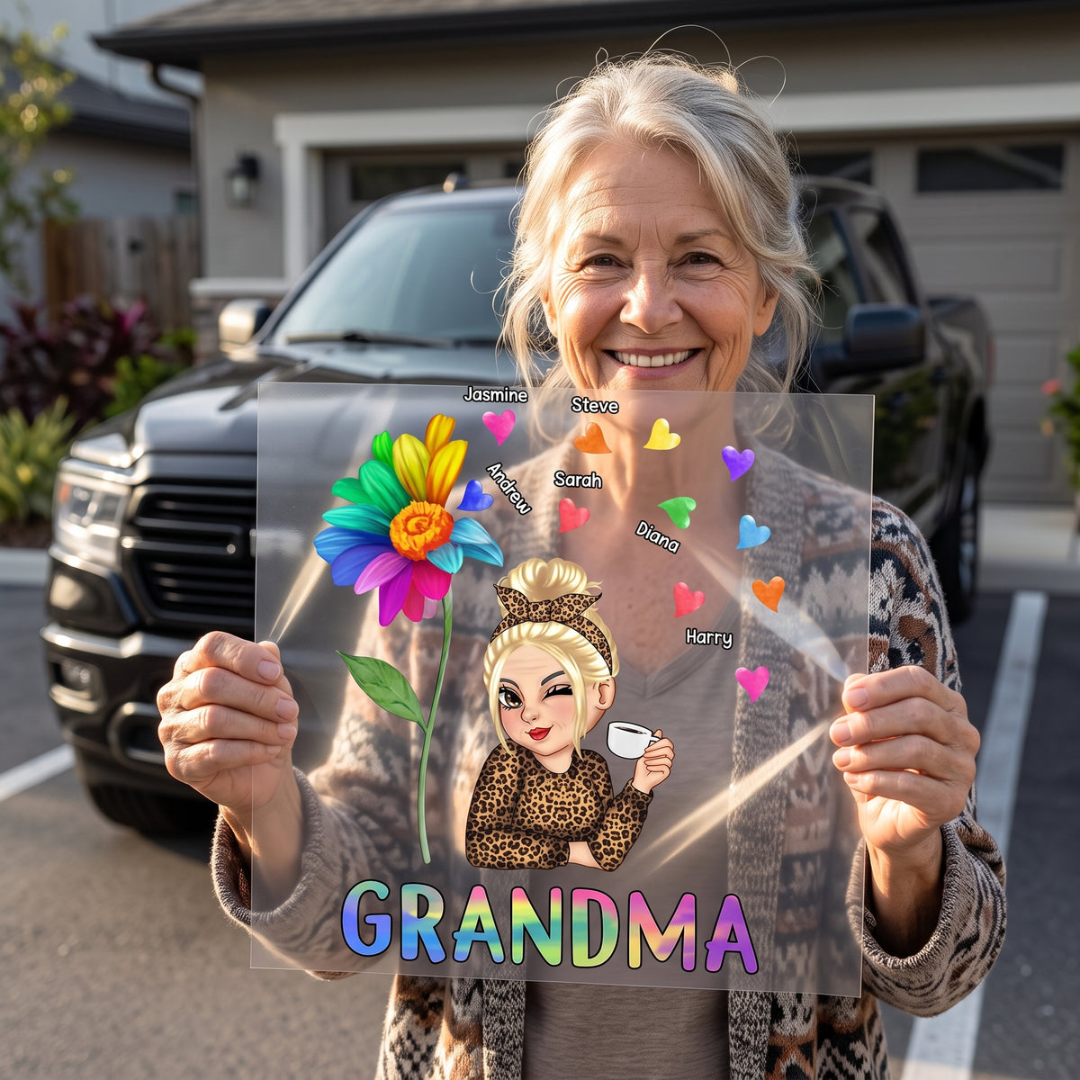 Colorful Sunflowers Personalized Car Decal - Custom Name Sticker Gift for Grandma