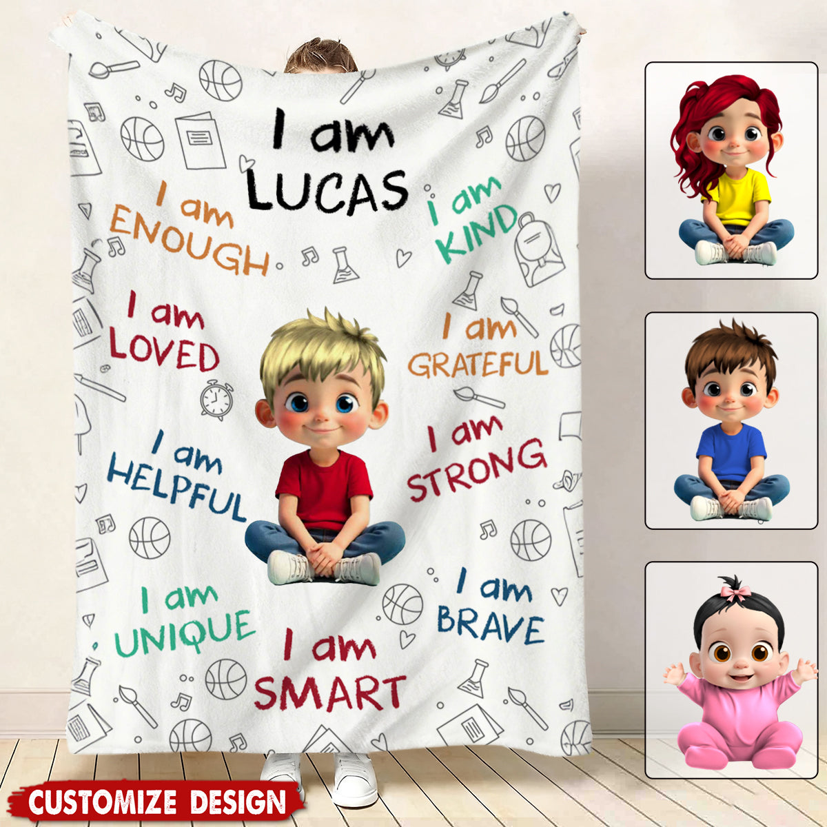 I Am Enough, Loved, Helpful, Unique, Smart - Personalized Blanket - Gifts for Kids