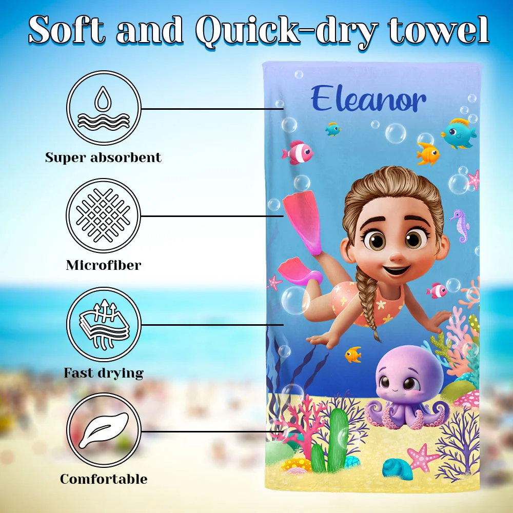 Personalized Cute Diving Kid Sea Animal Quick Dry Soft Oversized Beach Towel - Gift for Boys Girls