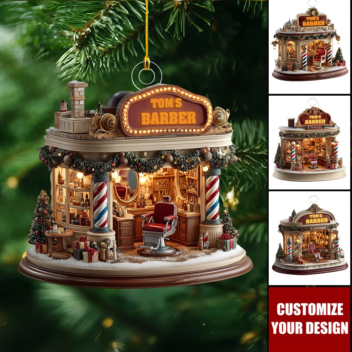Personalized Barber Shop Christmas Ornament, Red Chair & Barber Poles