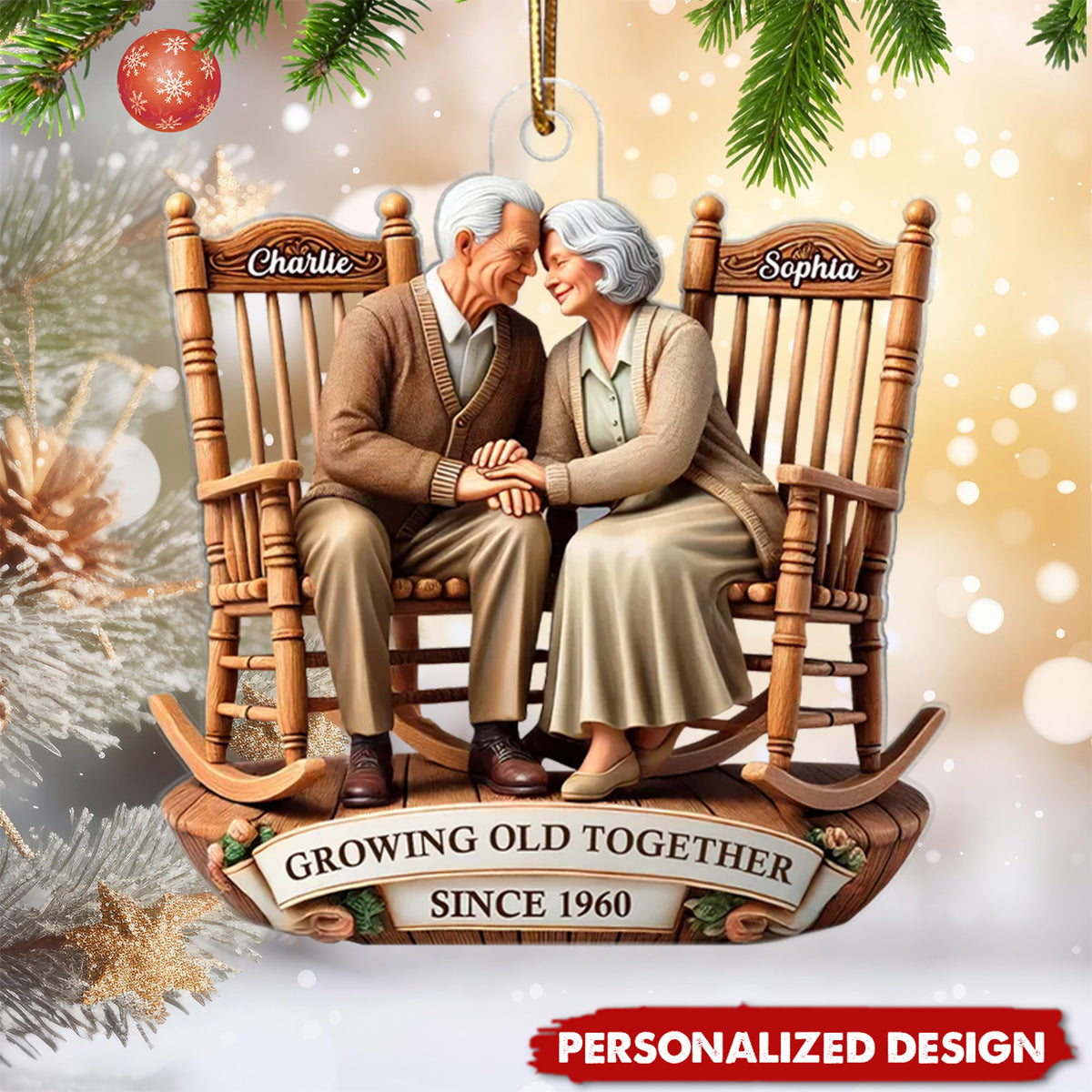 3D Effect Old Couple Sitting On Rocking Chairs Together Personalized Acrylic Ornament