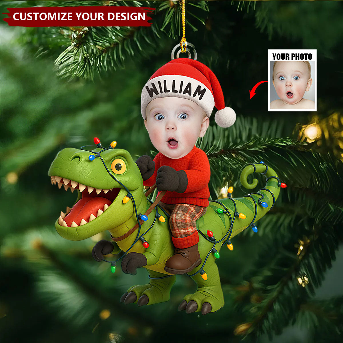 Personalized Kid Photo With Dinosaur Ornament, Funny Dinosaur Gift For Kid