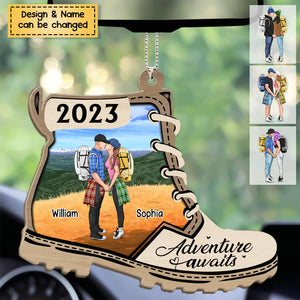 Hike More Worry Less- Personalized Hiking Kissing Couples Christmas Wooden Ornament, For Hiking Lovers