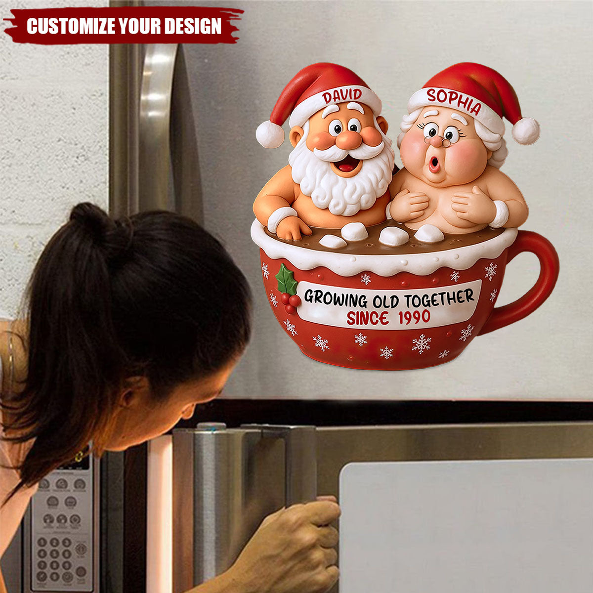 Growing Old Together Santa Claus In Hot Chocolate Cup, Personalized Couple Decal