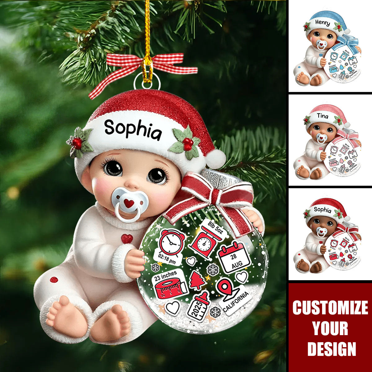 Baby Beside Christmas Bauble 3D Effect Personalized Acrylic Ornament