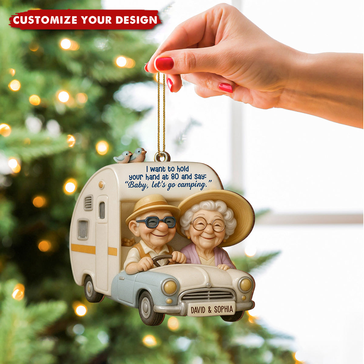 Hold Your Hand At 80, Baby Let’s Go Camping, Persoanlized Wood Ornament, Gift For Elderly Couples