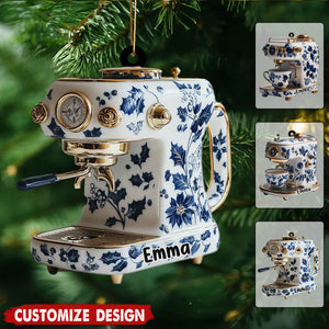 Personalized Coffee Maker Machine Christmas Ornament  - Gift For Coffee Maker And Floral Barista