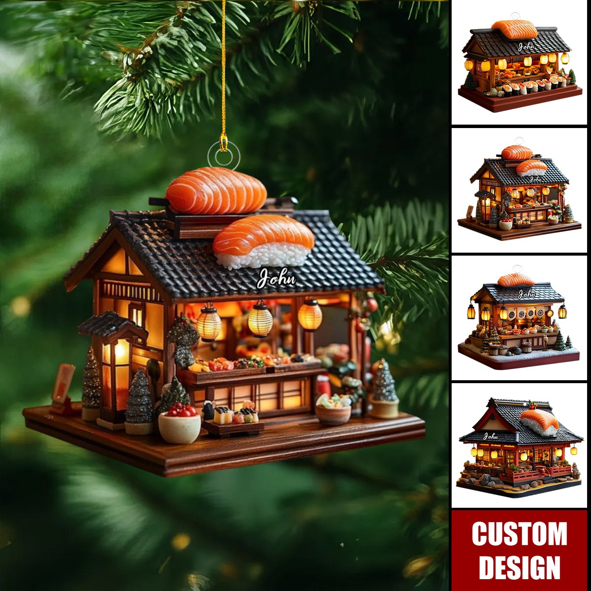 Custom Japanese Sushi Shop Christmas Ornament, Miniature Holiday Market With Salmon & Bowls