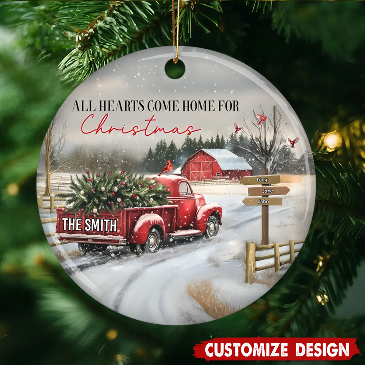 Personalized Red Truck Family Ceramic Christmas Ornament - Gift For Family