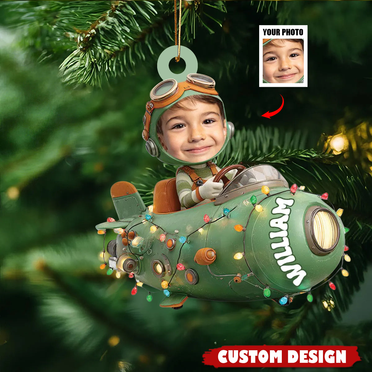 Personalized Kid Photo Face On Airplane Ornament - Gift For Kids
