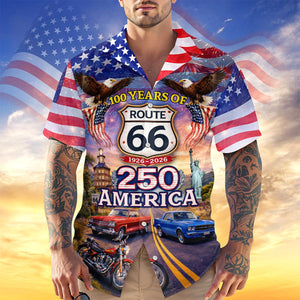 Celebrate 100 Years of Road Route 66 and America 250th Anniversary Custom Car Photo Hawaiian Shirt