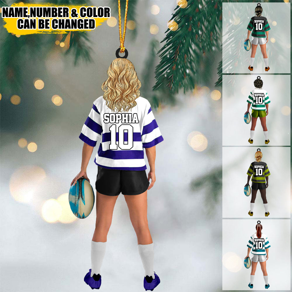 Personalized Rugby Female/Girl/Woman Player Acrylic Christmas Ornament - Gift For Rugby Players
