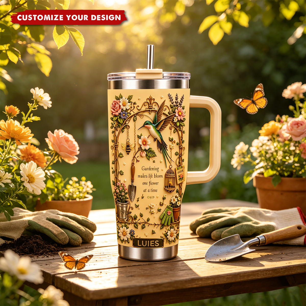 Personalized Gardening Hummingbirds&flowers Tumbler With Handle