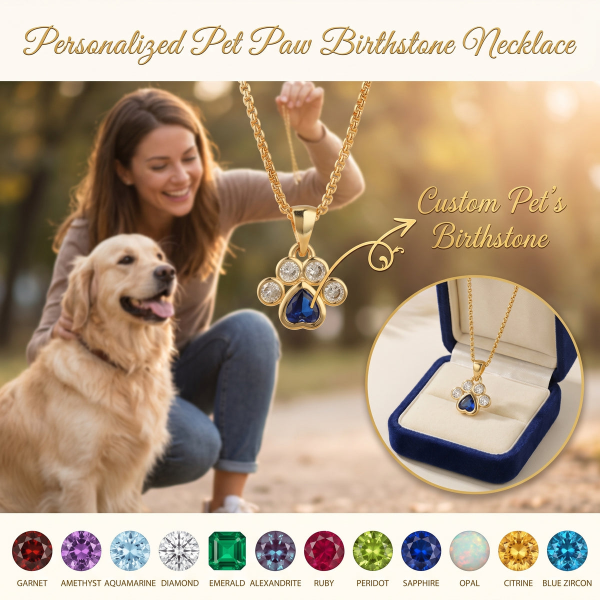 Personalized Heart Paw Birthstone Necklace - Gift For Dog Cat Lovers