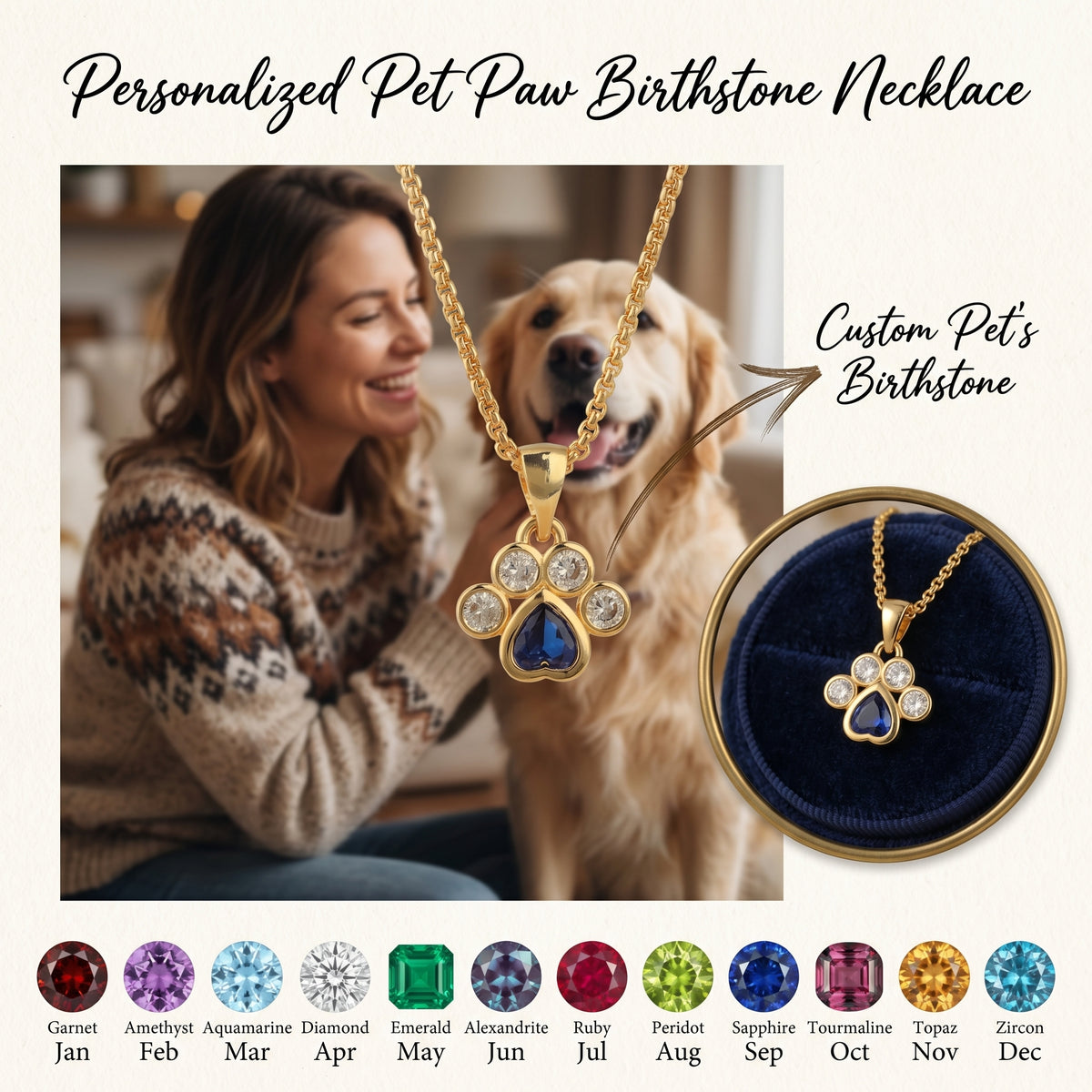 Personalized Heart Paw Birthstone Necklace - Gift For Dog Cat Lovers