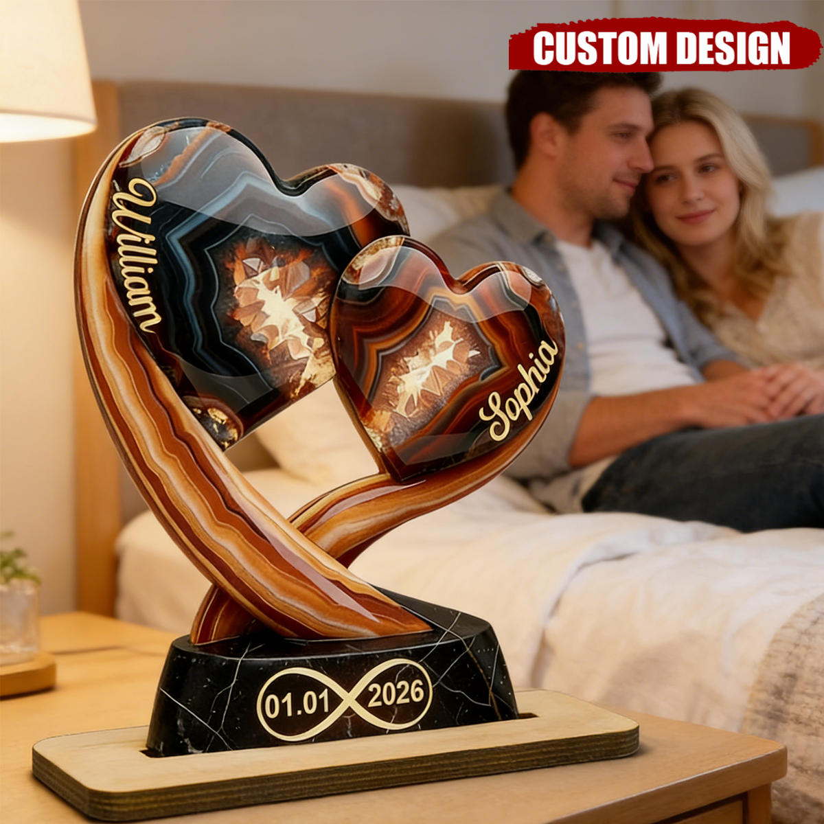 Together Forever-Personalized Two Heart Couple Wooden Plaque