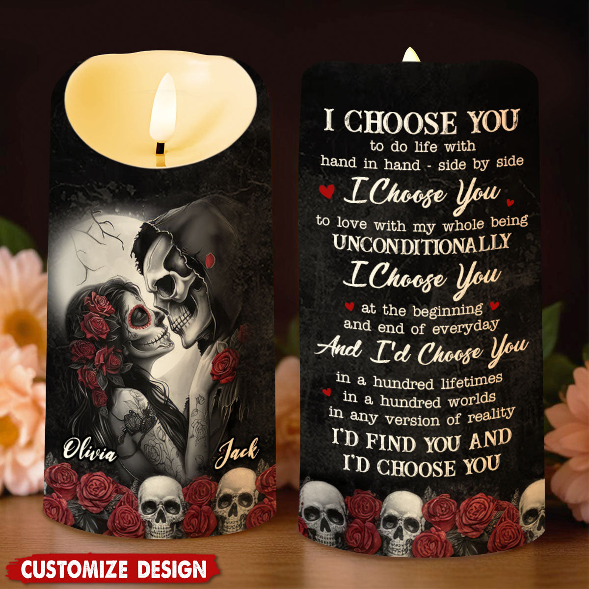 Personalized I Choose You Skull Couple LED Candle