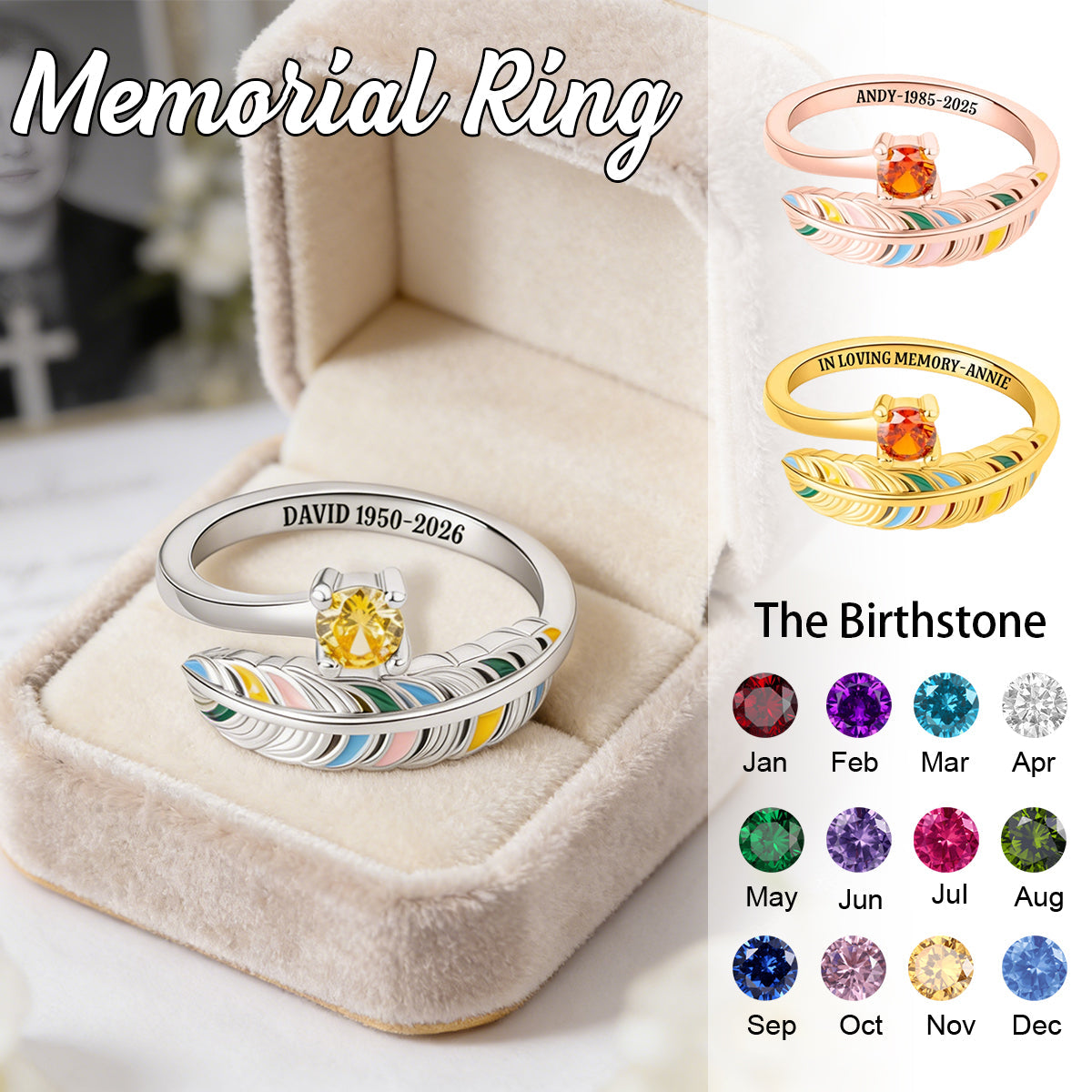 In Loving Memory - Personalized Feather Birthstone Memorial Ring