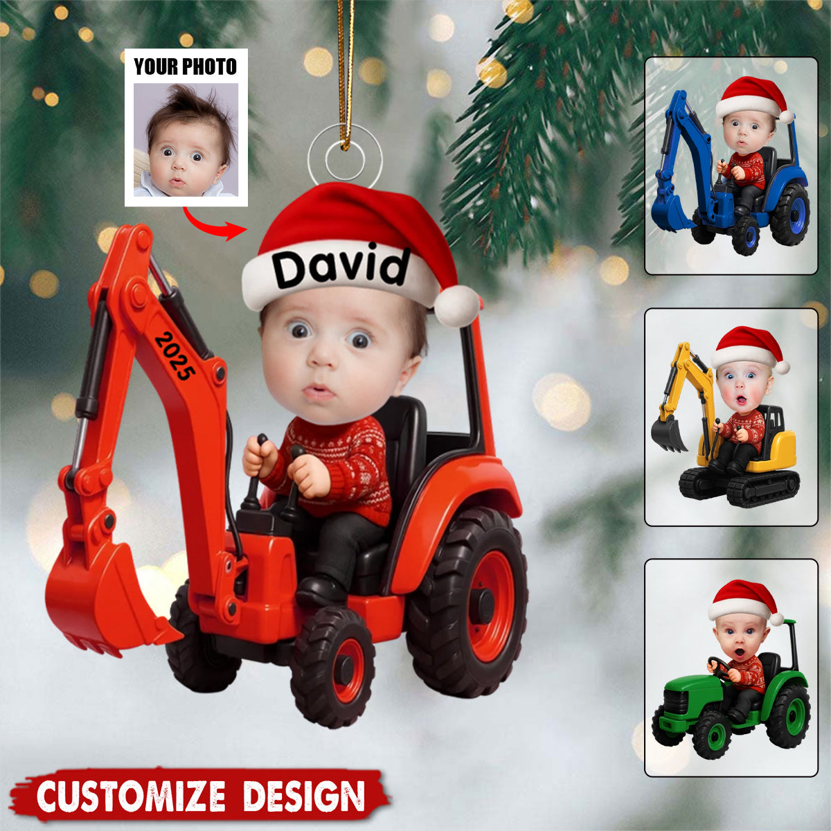Kid With Construction Vehicle Excavator Backhoe Tractor - Personalized Photo Acrylic Ornament