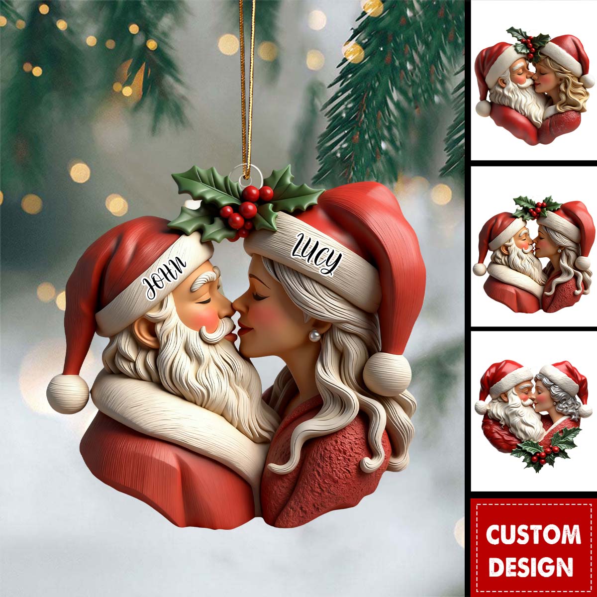Personalized Romantic Santa Couple Christmas Ornament - Gift For Couple