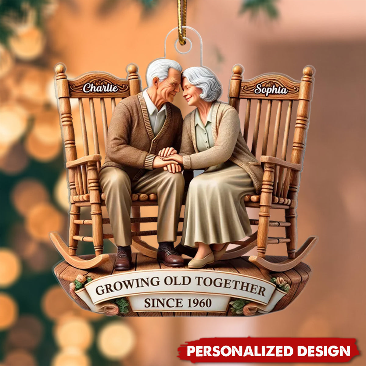 3D Effect Old Couple Sitting On Rocking Chairs Together Personalized Acrylic Ornament