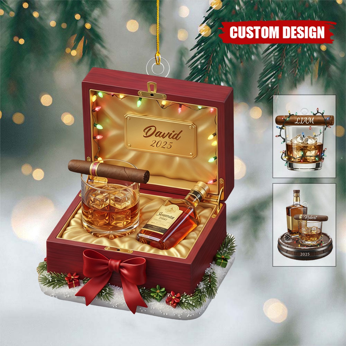 Personalized Whiskey Glass and Cigar Ornament –  Gentlemen Christmas Gift for Him