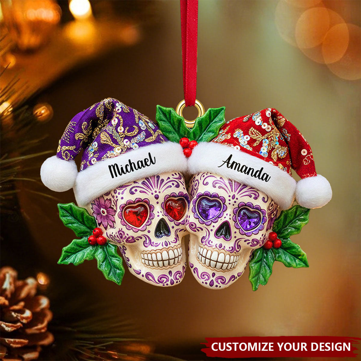 Personalized Christmas Skull Couple Acrylic Ornament, Gifts For Christmas