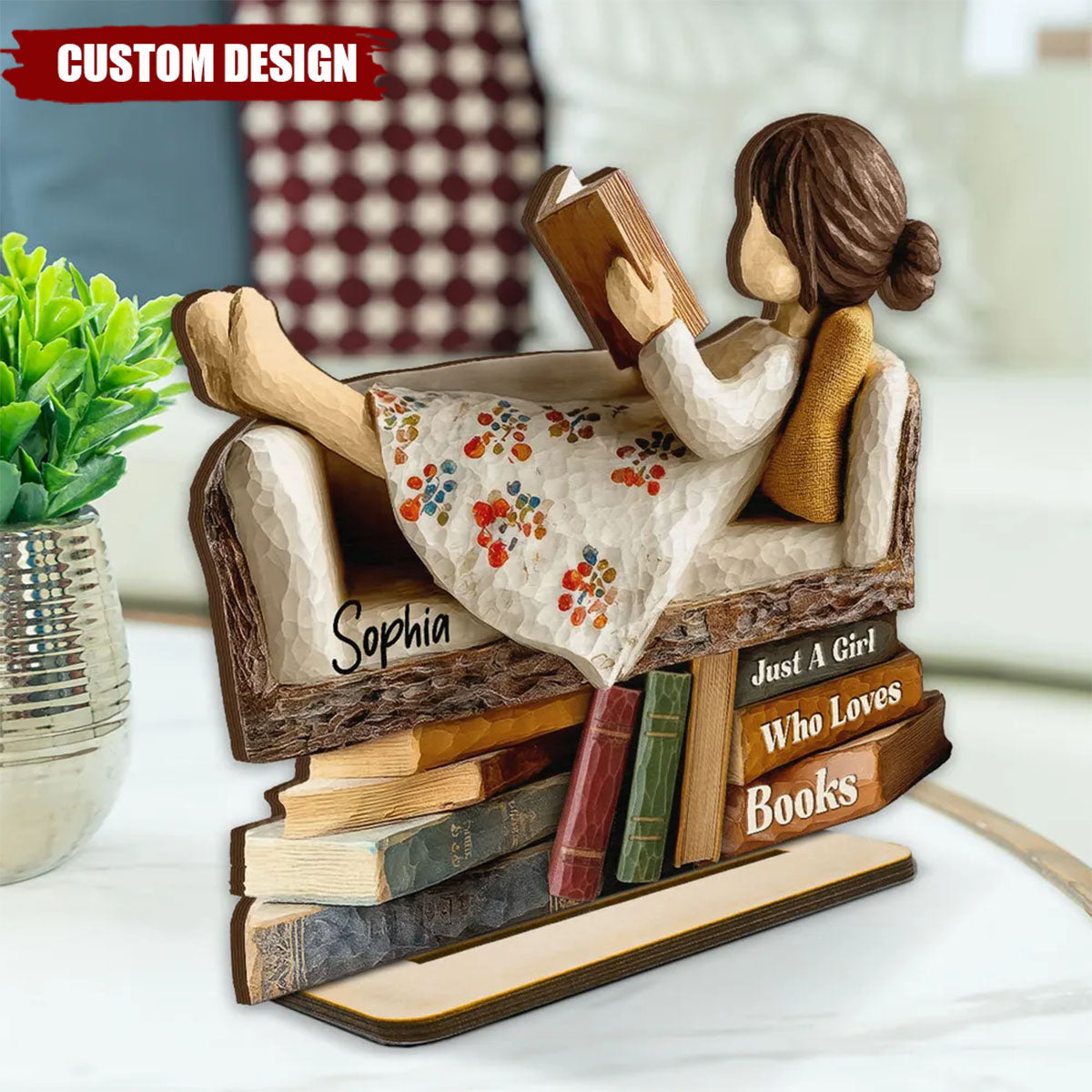 Man Woman Book Lover Reading Book On Sofa - Personalized Wooden Plaque