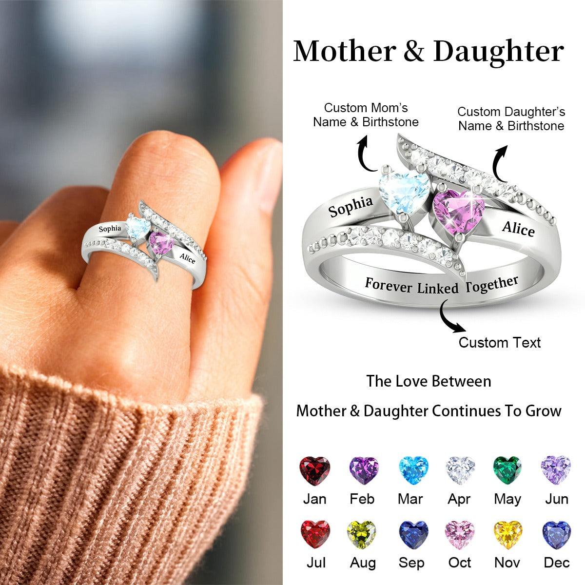 Forever Linked Together-Personalized Family Birthstones Ring-Gift For Mom/Daughter
