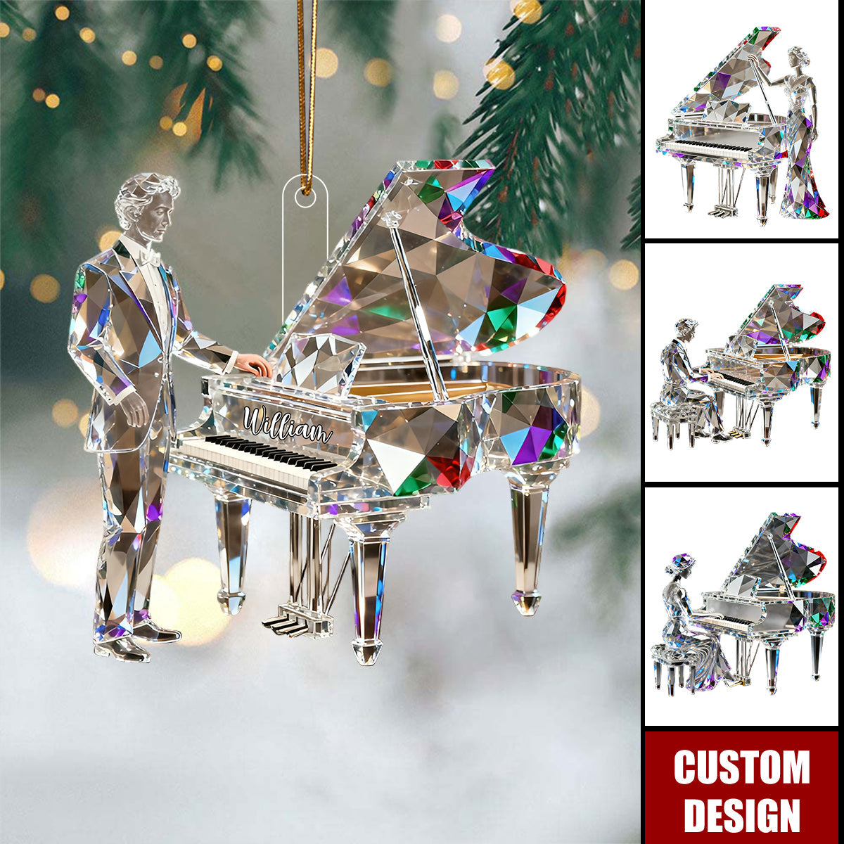 Personalized Crystal Style Piano Christmas Ornament