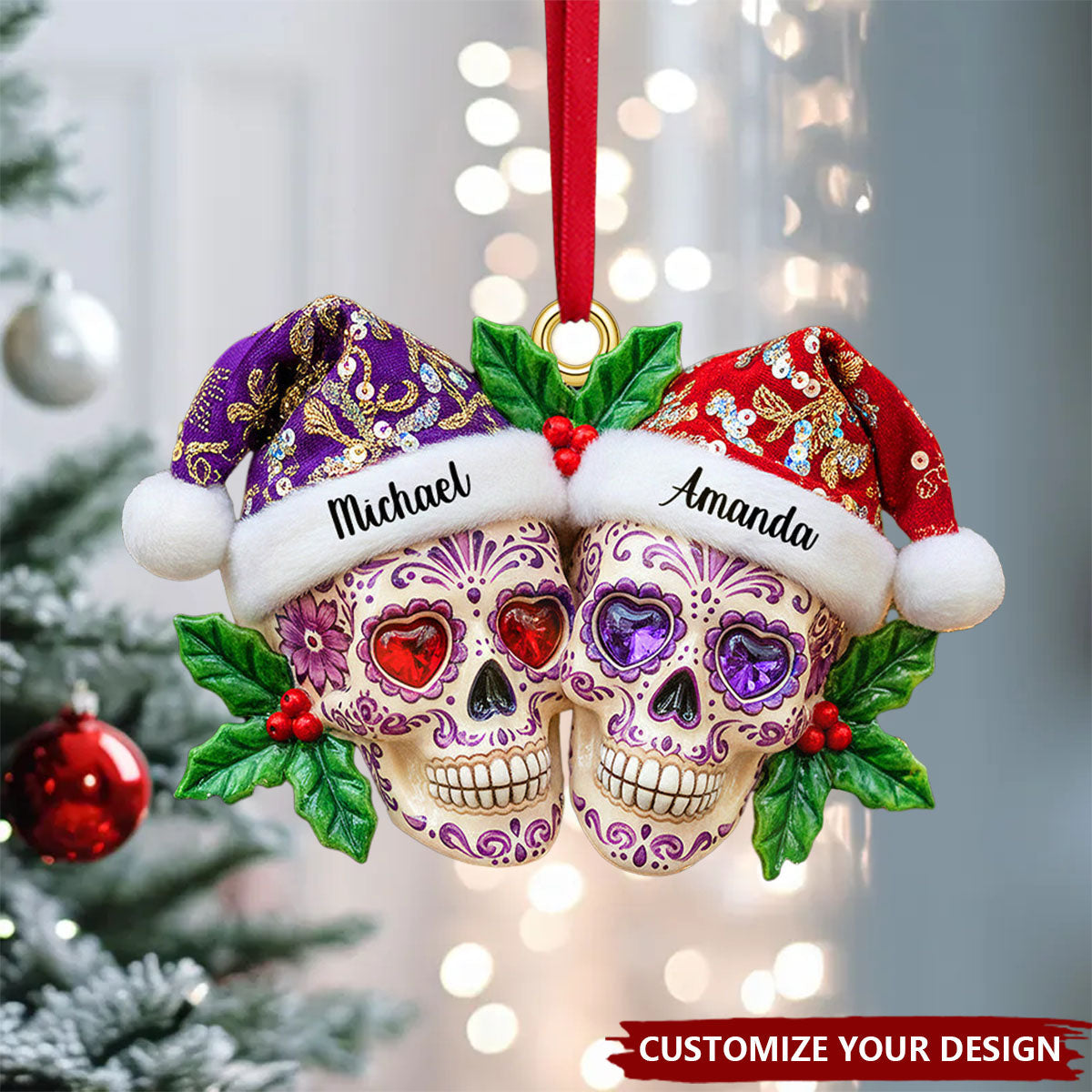 Personalized Christmas Skull Couple Acrylic Ornament, Gifts For Christmas