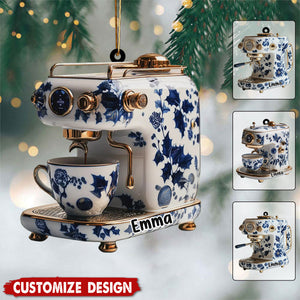 Personalized Coffee Maker Machine Christmas Ornament  - Gift For Coffee Maker And Floral Barista