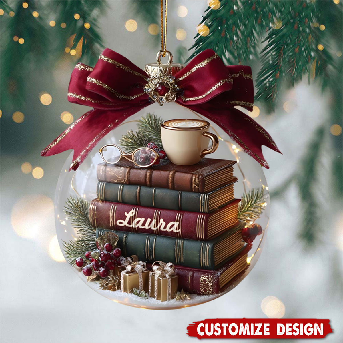 Personalized Stack Of Books Christmas Ornament, Custom Book Lover Snow Globe Gift, Library Christmas Decor for Readers