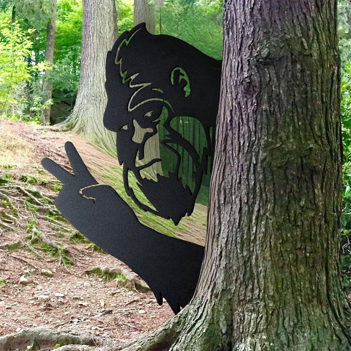 Peek-a-Boo Peace Sign Bigfoot Metal Sign – Peace Sign Edition - Sasquatch Peace Sign