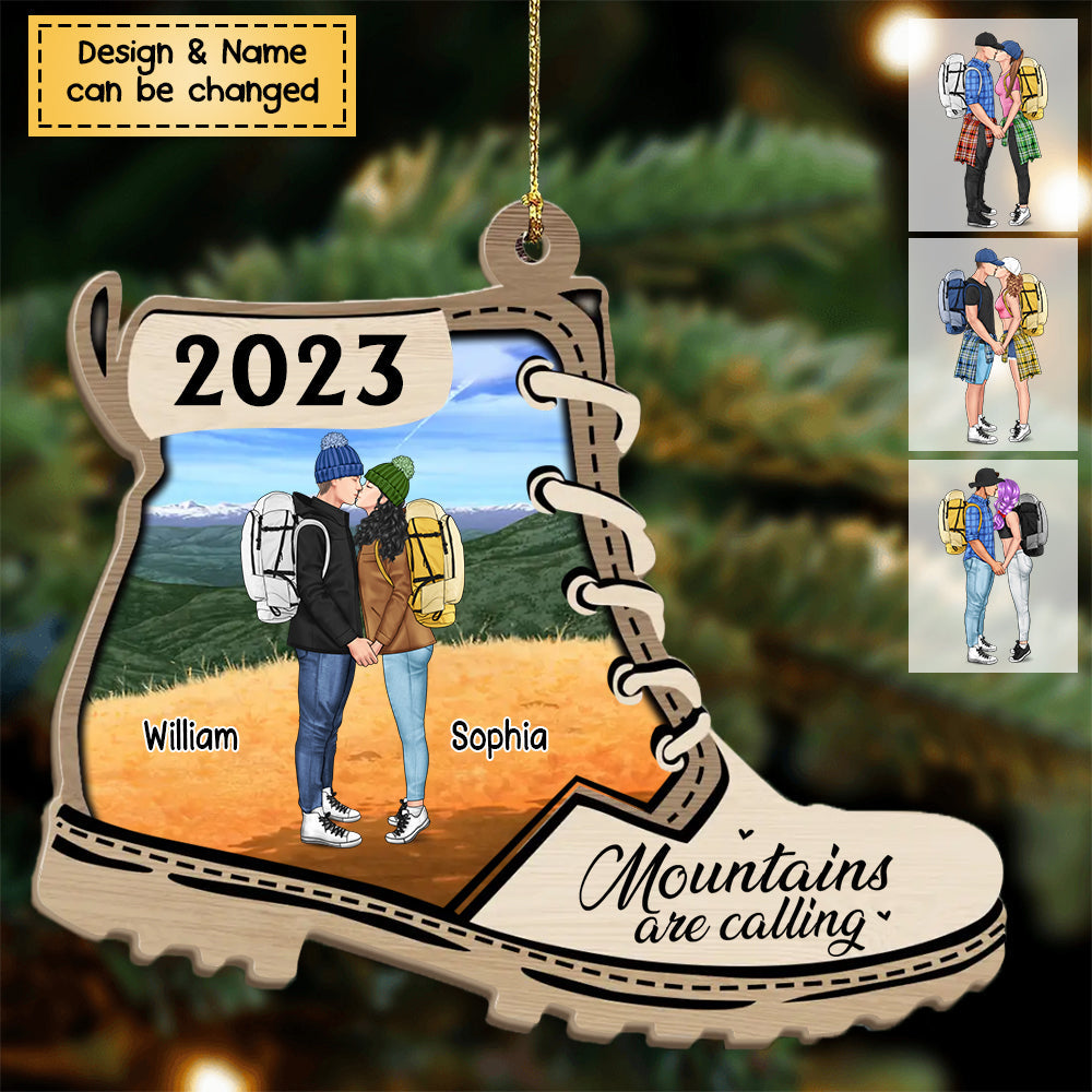 Hike More Worry Less- Personalized Hiking Kissing Couples Christmas Wooden Ornament, For Hiking Lovers
