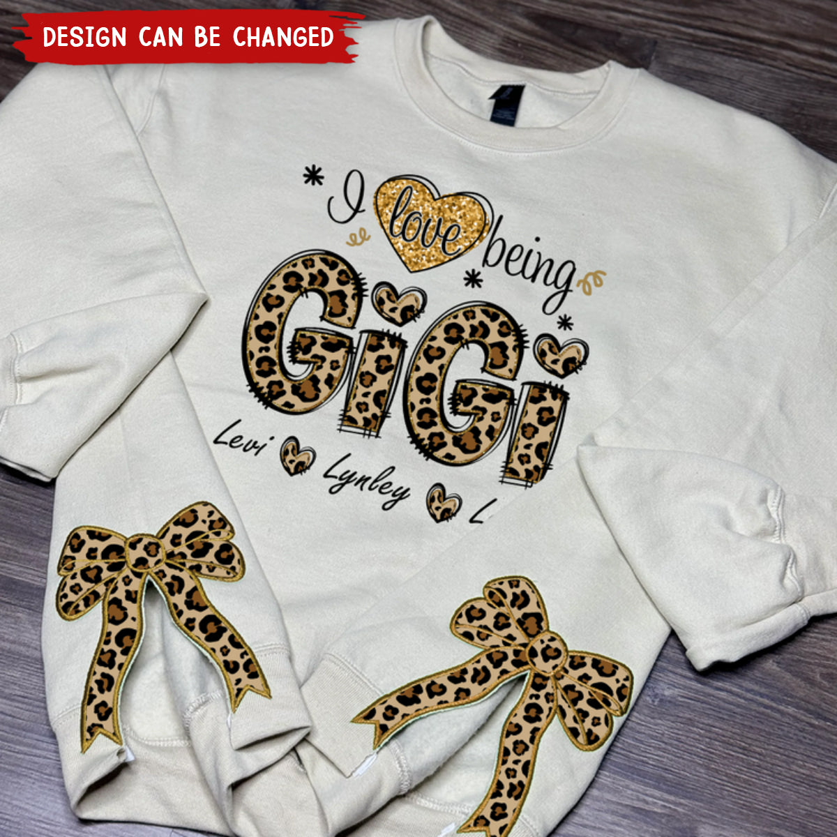 I Love Being Mimi Leopard Christmas Bow Embellished Sweatshirt - Custom Side Bow Cut-Out Sweatshirt