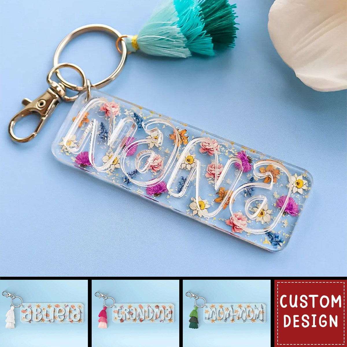 Grandma Mom Birth Month Flowers Personalized 2-Layer Acrylic Keychain