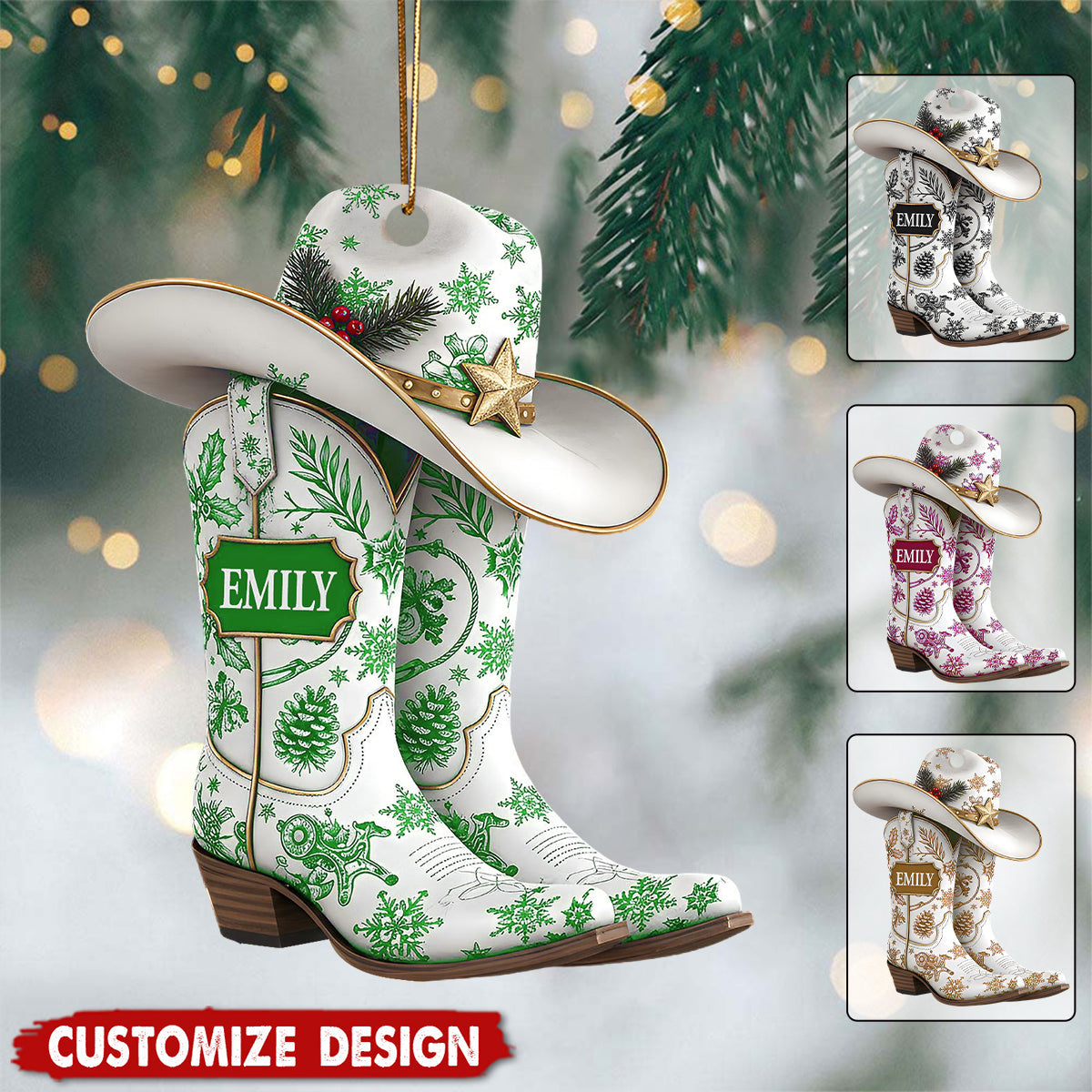 Personalized Name Cow Girl Boot Christmas Ornament - Gift For Cowgirl
