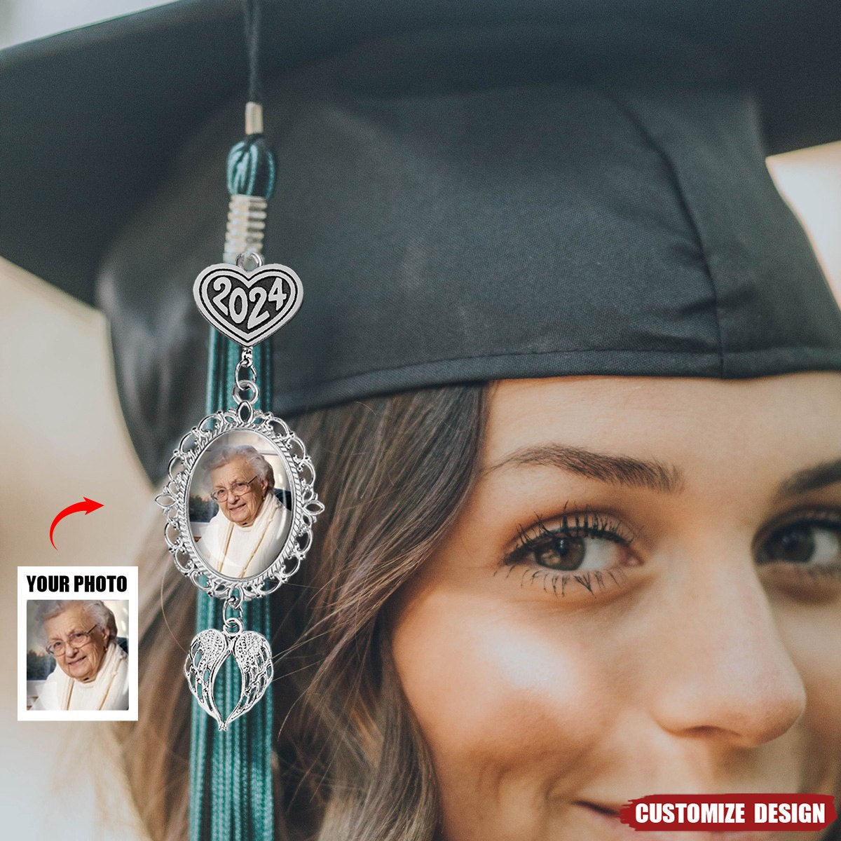 Personalized Graduation Tassel Photo Charm With Angel Wings - Memorial Graduation Gift