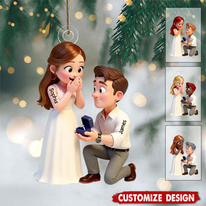 Personalized Cute Cartoon Couple Proposal Christmas Acrylic Ornament - Gift For Couple