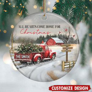 Personalized Red Truck Family Ceramic Christmas Ornament - Gift For Family