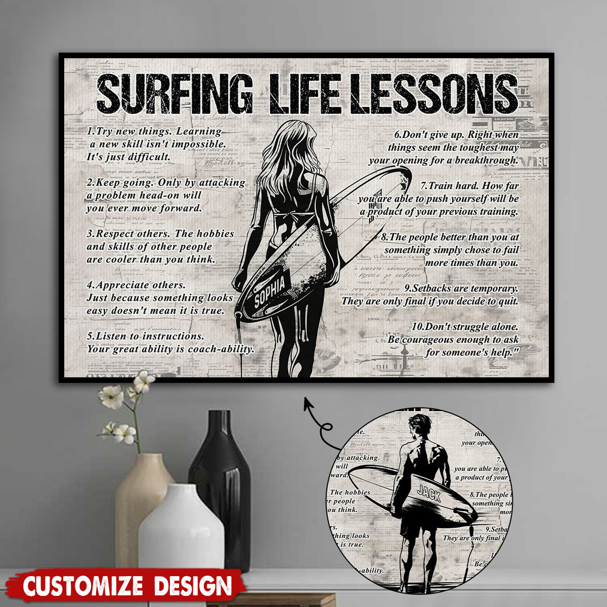 Personalized Surfing Life Lessons Poster-Gift For Surfing Lovers
