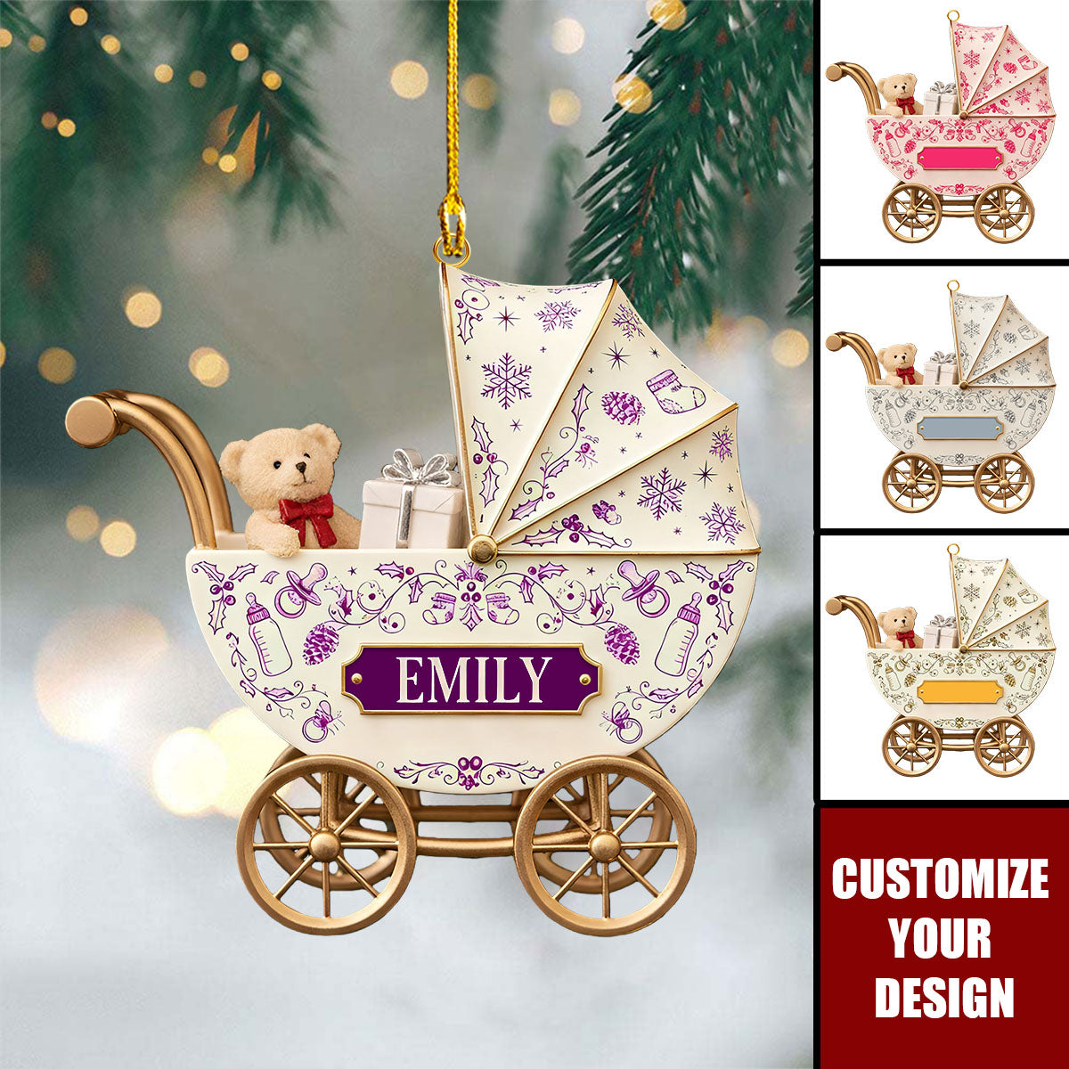 Toile De Jouy Ornaments, Personalized Baby Carriage Ornament