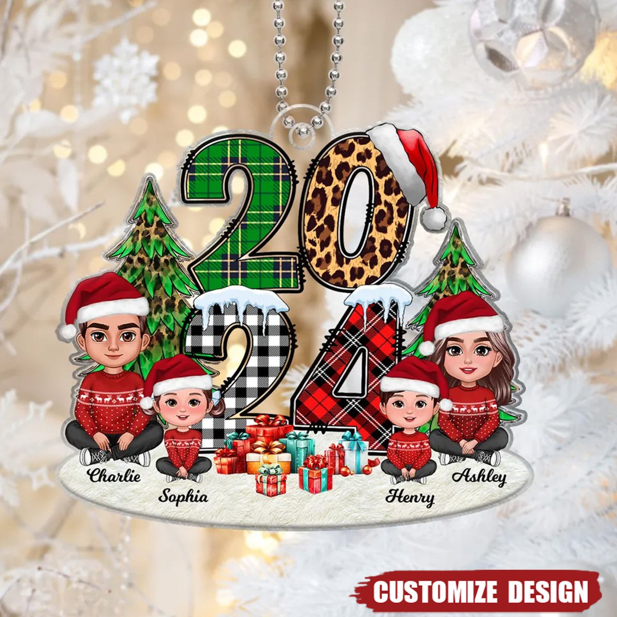 Christmas Family Sitting 2024 Stacked Pattern Personalized Acrylic Ornament