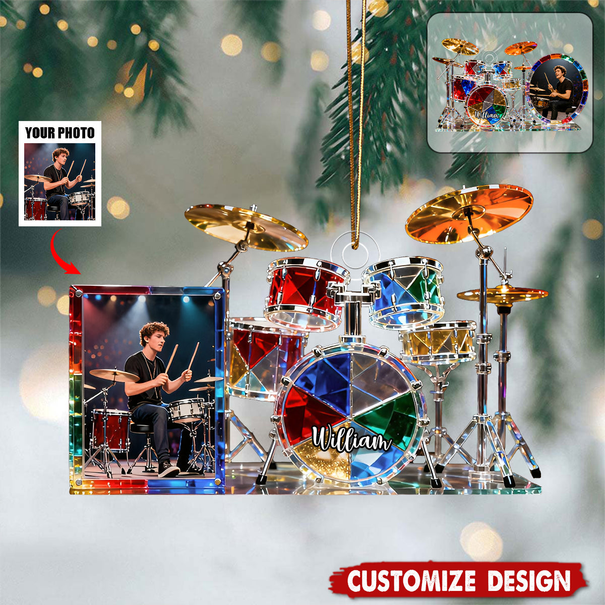 Personalized Drum set themed photo ornament