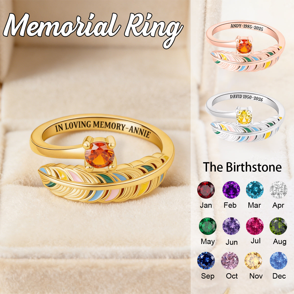 In Loving Memory - Personalized Feather Birthstone Memorial Ring