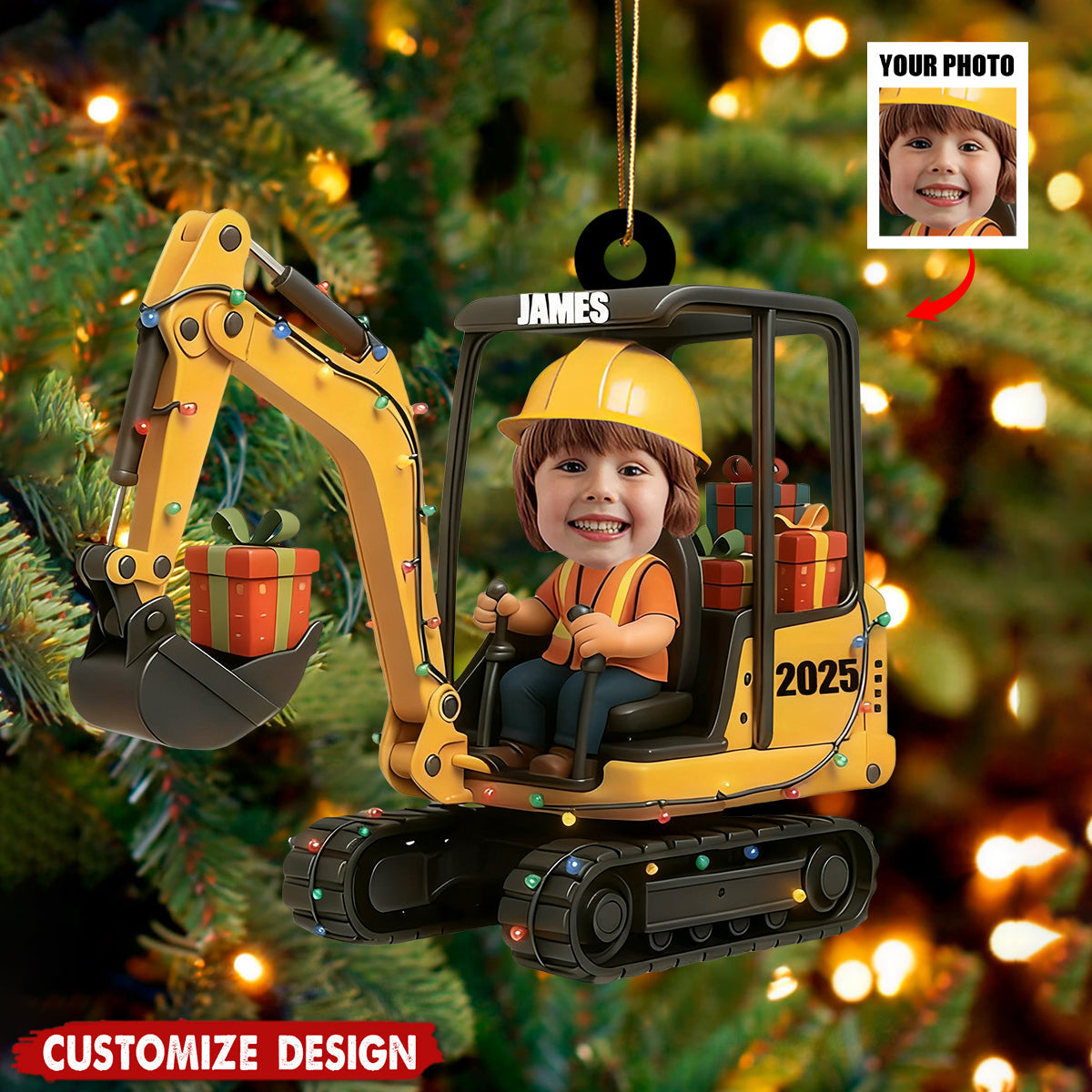 Personalized Kids Face Photo Christmas Excavator Construction Ornament